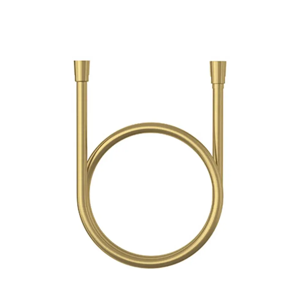 Brauseschlauch von Kludi in brushed gold mit zwei konischen Muttern, gebogen in U-Form, geeignet für Dusche oder Badewanne, auf weißem Hintergrund gezeigt.